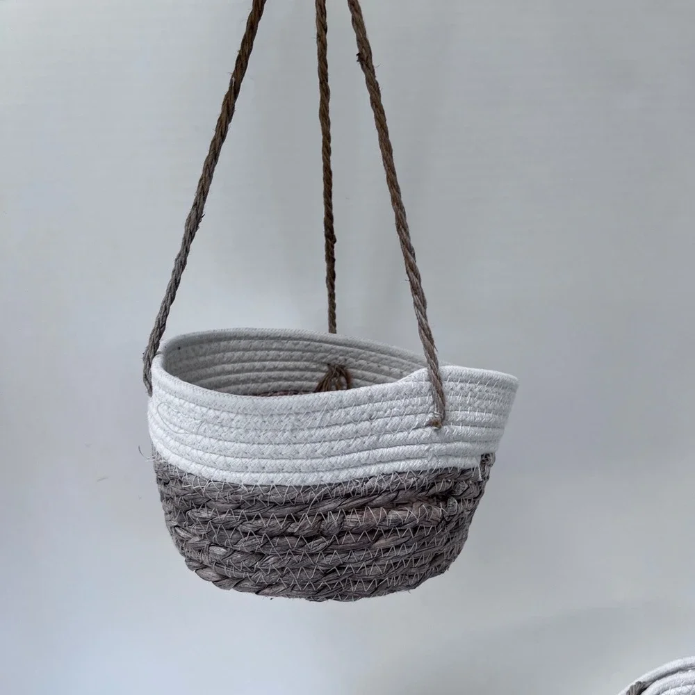 Set of 3 Woven Hanging Baskets White Brown Cotton‎ Rope Seagrass Boho Decor READ